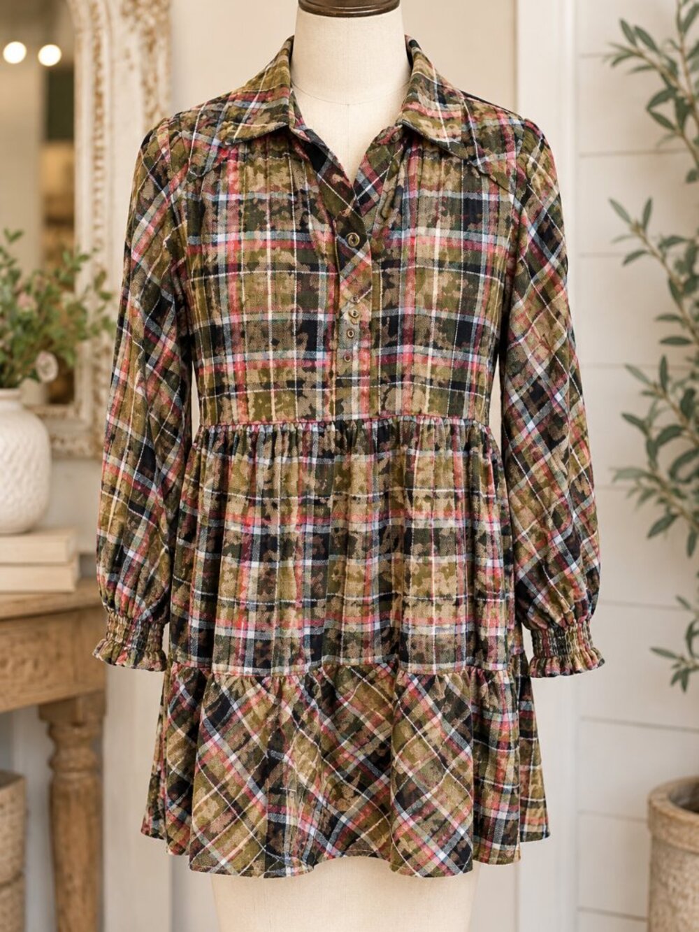 Umgee Olive Green Plaid flannel dress